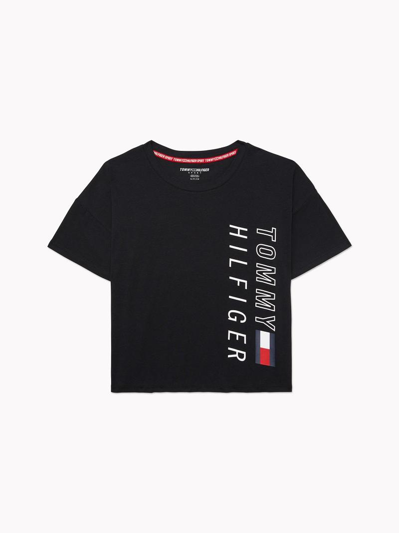 Női Tommy Hilfiger Cropped Logo Póló Fekete | HU 436LIS